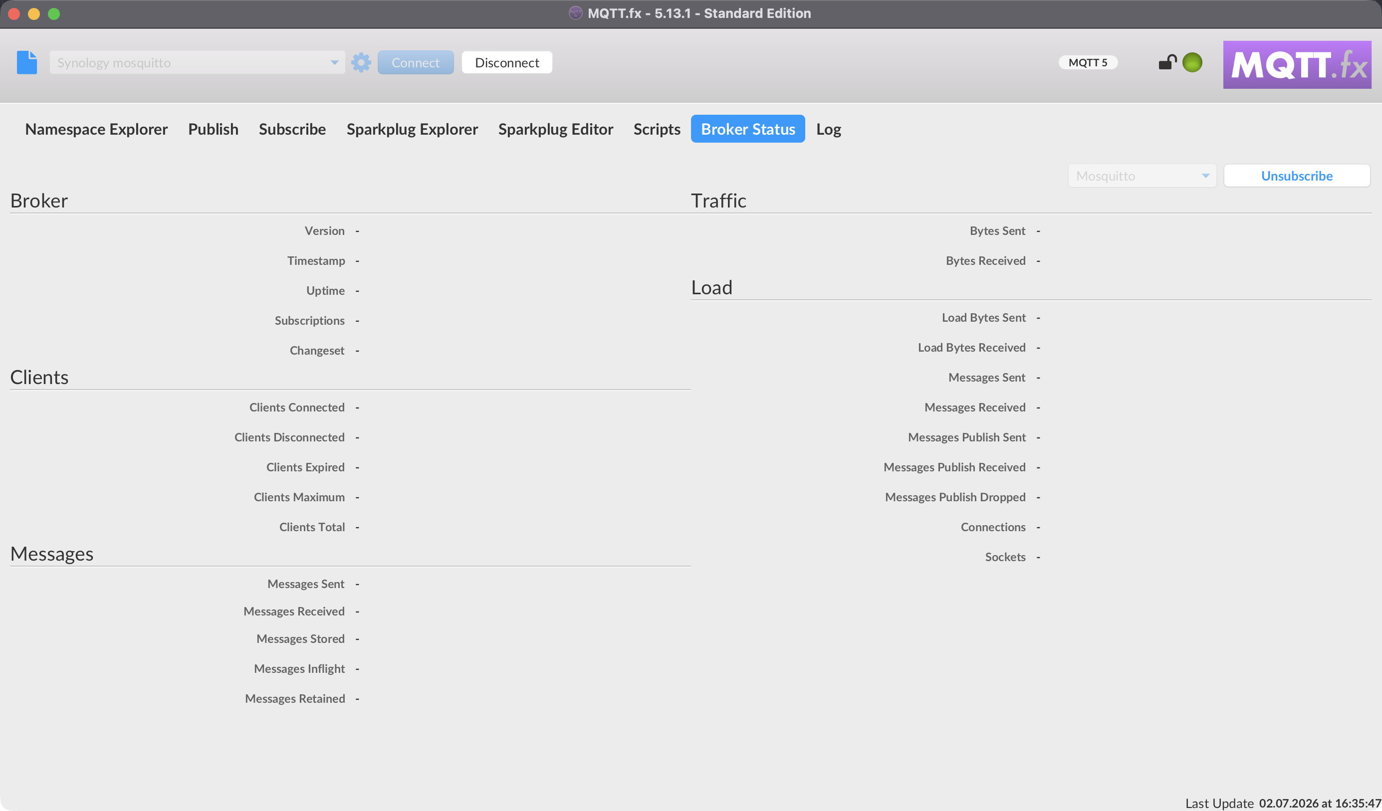 The Broker Status tab with the Broker, Clients, Messages, Traffic, and Load groups