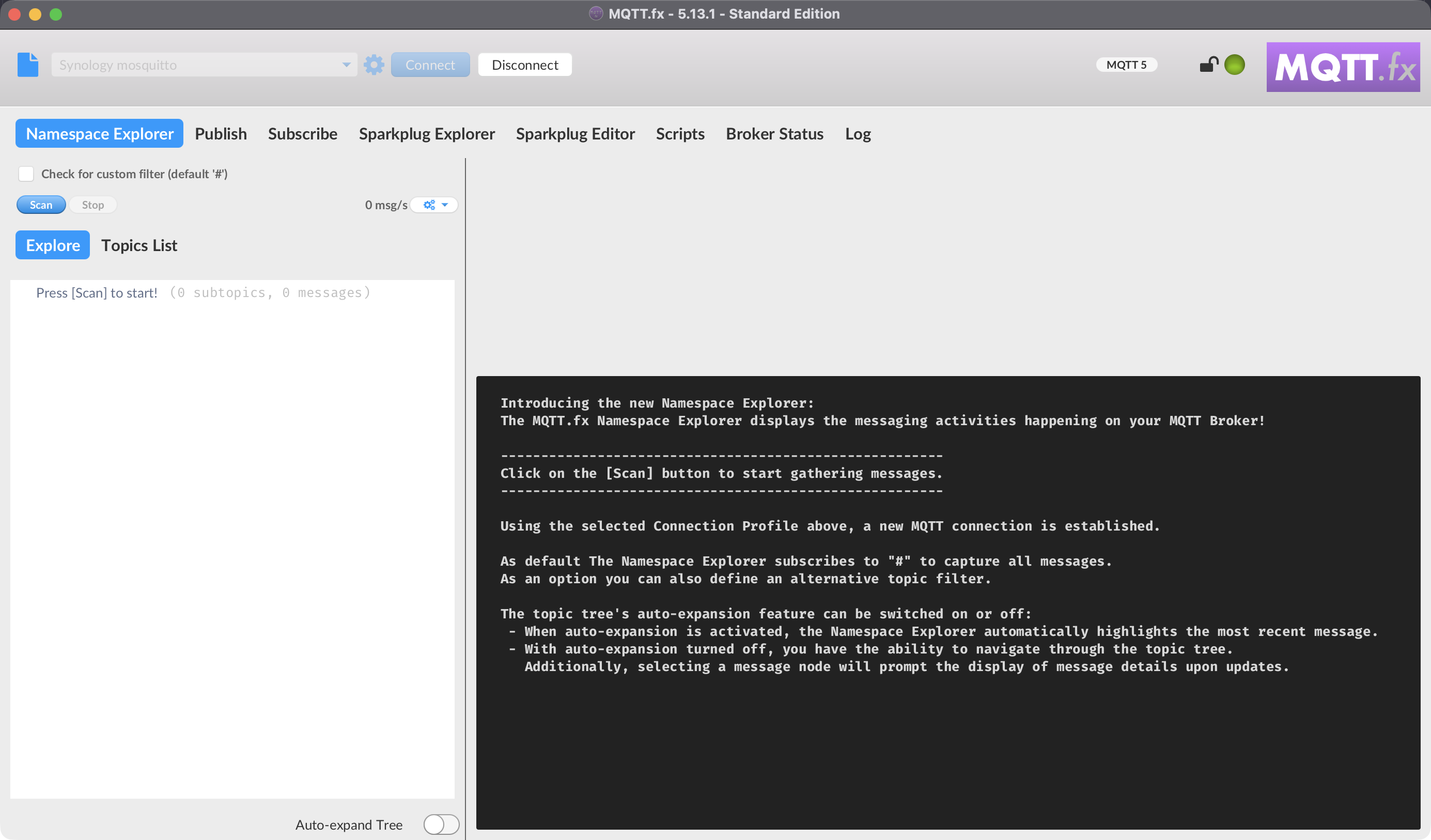 The MQTT.fx main window with the connection bar and tab bar