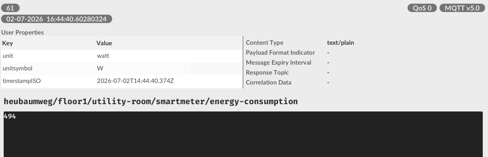 Message details panel showing MQTT 5 properties and user properties