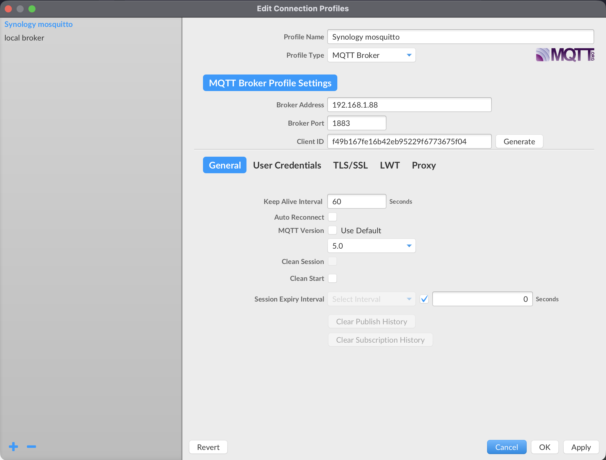 Connection profile editor showing the General section