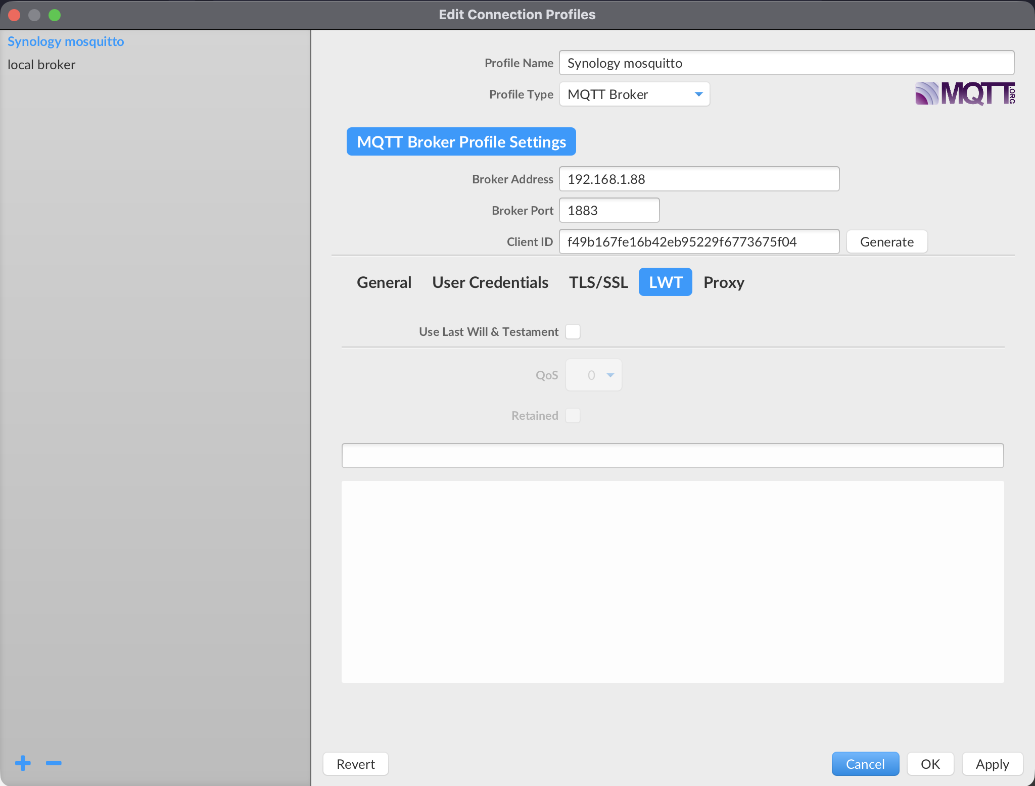 Connection profile editor showing the Last Will & Testament section