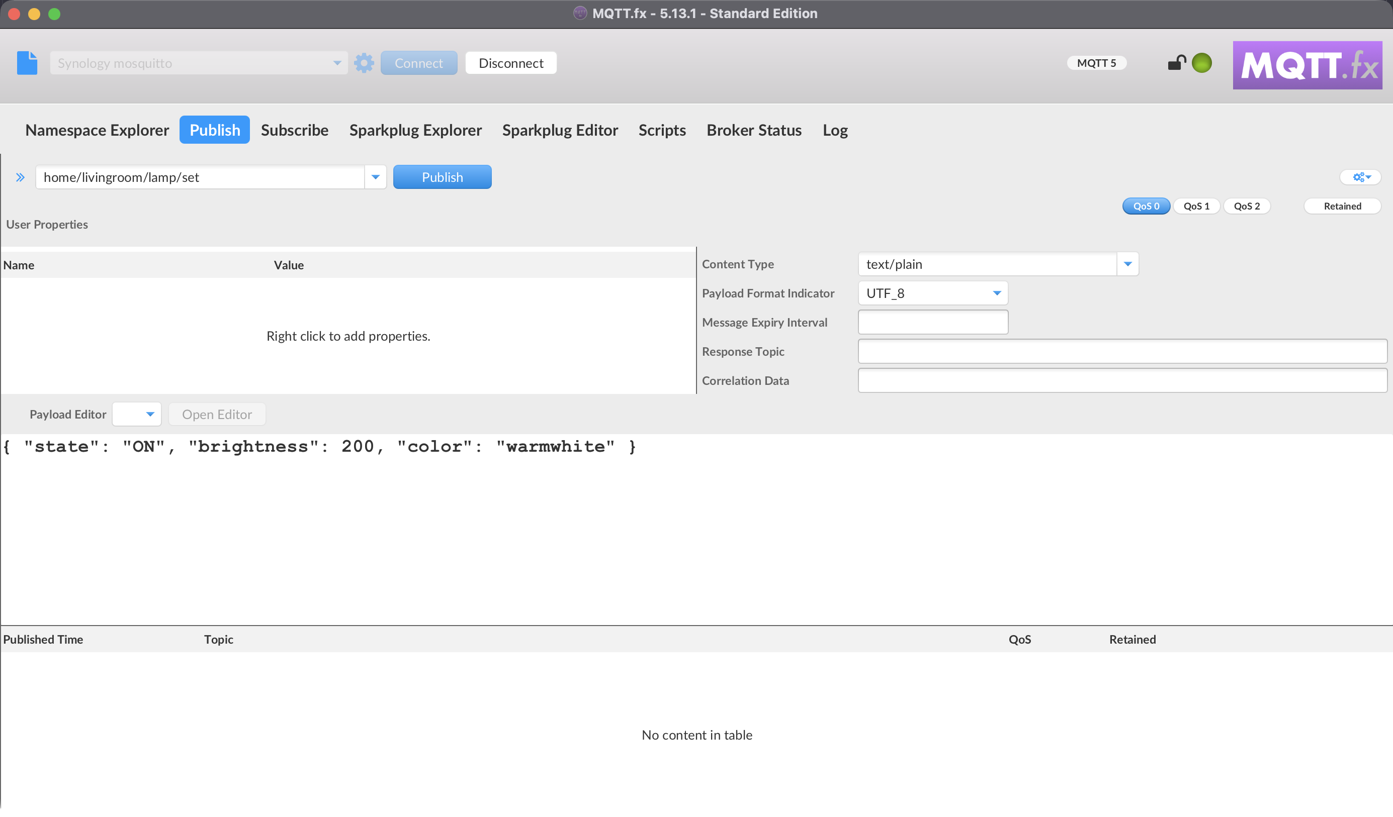 The Publish tab with topic, QoS, retained, and MQTT 5 property fields