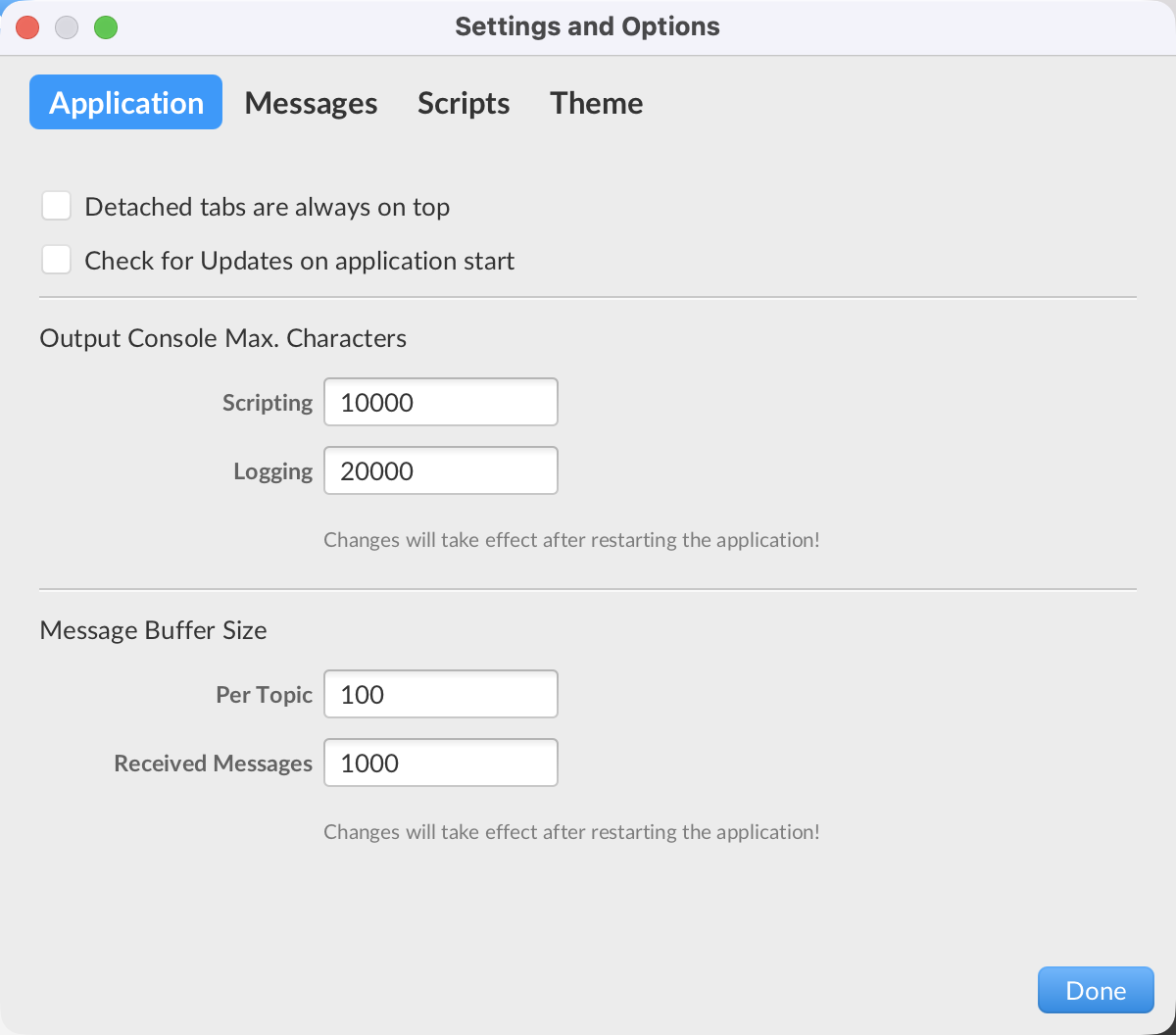 The Settings and Options dialog, Application section