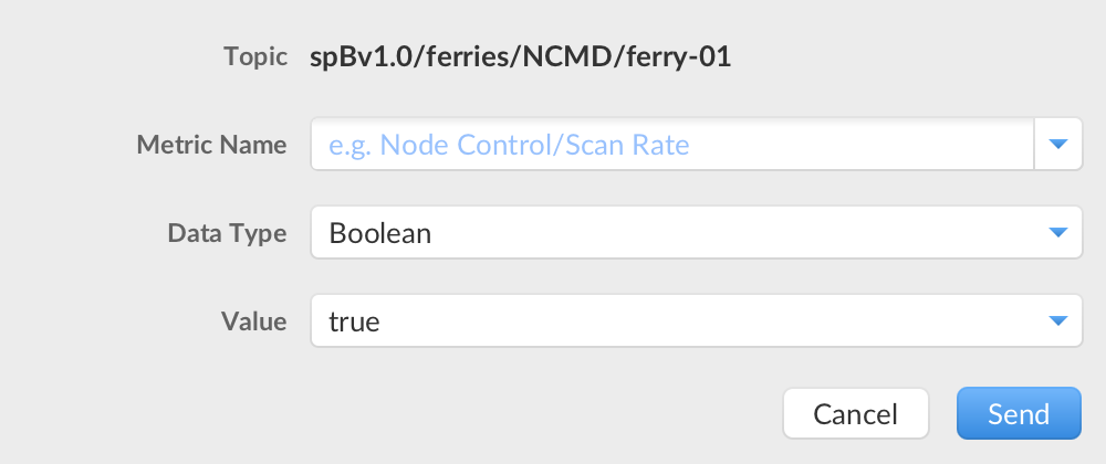 The Send Sparkplug Command dialog with target topic, metric name, data type, and value
