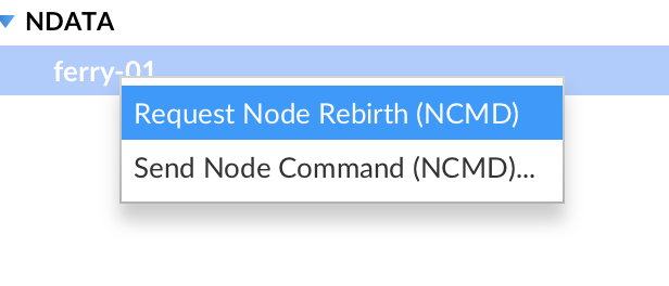 The tree context menu on an edge node with the Request Node Rebirth and Send Node Command entries
