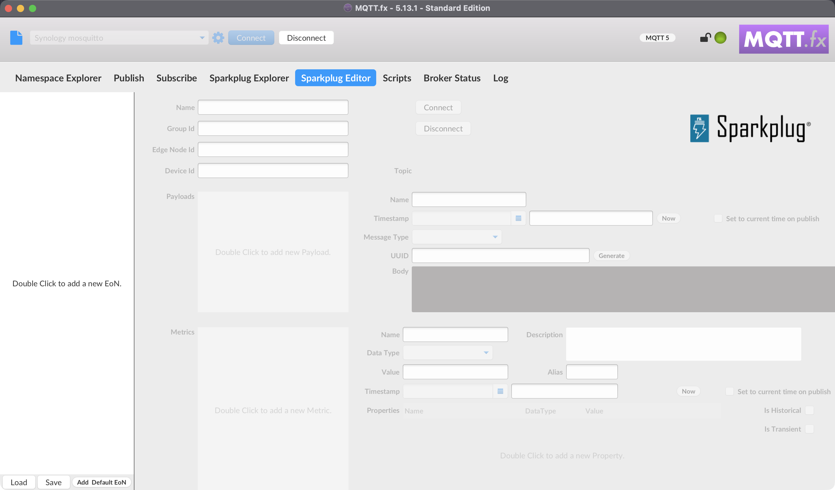 The Sparkplug Editor with EoN, payload, and metric fields