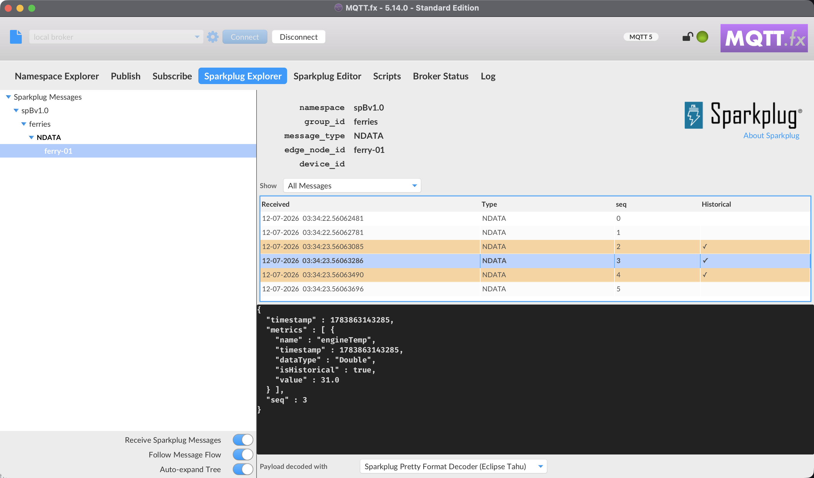 The Sparkplug Explorer tab with the message tree, per-topic message history, and decode options