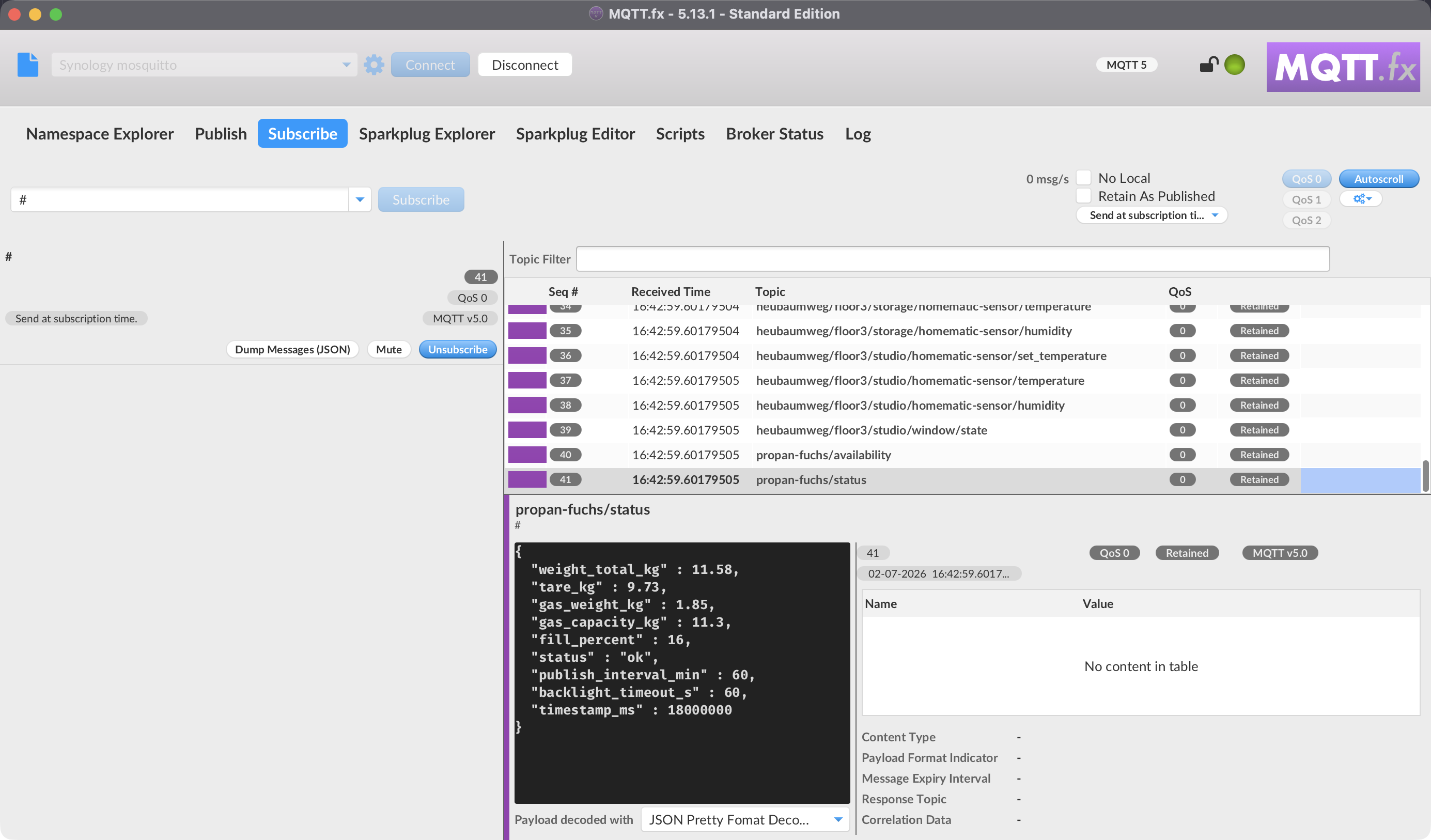 The Subscribe tab with received messages in the table view